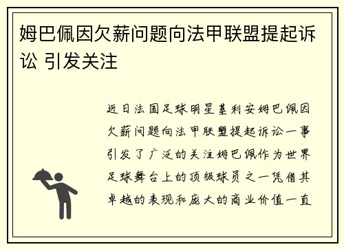 姆巴佩因欠薪问题向法甲联盟提起诉讼 引发关注
